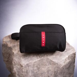 Prada Luna Rosa Black Canvas Cosmetic Bag, Red Logo